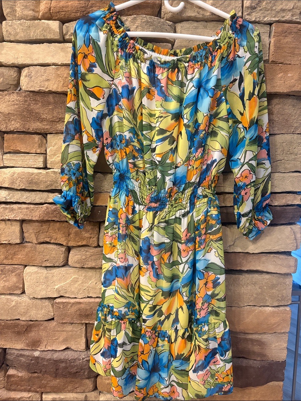 Floral Off-Shoulder Midi Dress in Blue, Green & Yellow